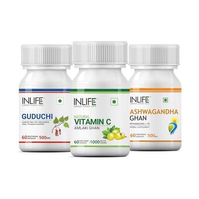 INLIFE Natural Immunity Booster Kit (Natural Vitamin C + Guduchi + Ashwagandha) Vegetarian Capsule (Pack of 3 x 60's) - Vitamin C