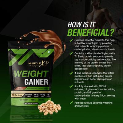 MuscleXP Weight Gainer Protein Powder - Double Chocolate 1 kg - Workout Essentials