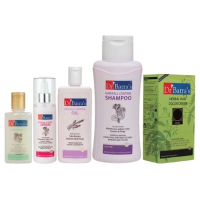 Dr Batra's Hair Fall Control Shampoo 500 ml + Hair Fall Control Oil 200 ml + Hair Fall Control Serum 125 ml + Conditioner 100 ml + Herbal Hair Color Cream - Brown - Hair Treatment