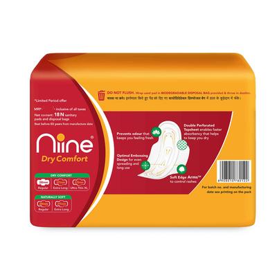Niine Dry Comfort Sanitary Pads with Biodegradable Disposable Bags - Regular (Pack of 2 x 18's) - Sanitary Napkins