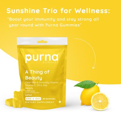 Purna Gummies Vitamin C Lemon and Zinc for Adults and Kids, Immunity Boost, Skincare 30's - Vitamin C