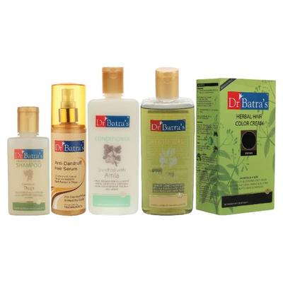 Dr Batra's Dandruff Cleansing Shampoo 100 ml + Anti-Dandruff Hair Serum 125 ml + Conditioner 200 ml + Hair Oil 100 ml + Herbal Hair Color Cream - Brown - Hair Treatment