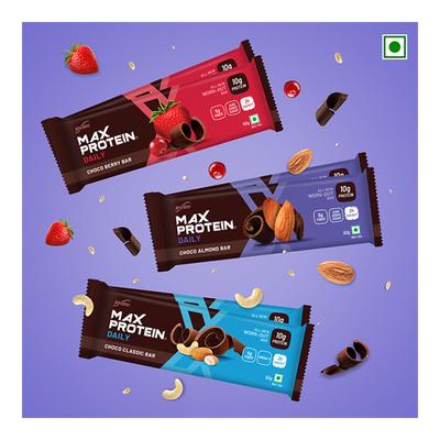 RiteBite Max Protein Daily Assorted Bar - Choco Classic, Choco Almond, Choco Berry (Pack of 6) - Nutritional Bars