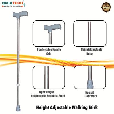AmbiTech Premium Aluminium Height Adjustable Single Walking Stick 1's - Walker & Walking Stick
