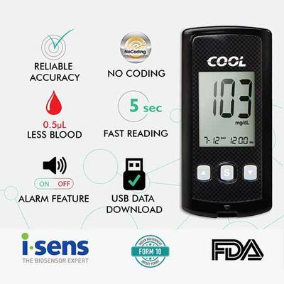 i-Sens Cool Blood Glucometer with Test Strips 10's - Black - Blood Glucose Monitors/Test Strips