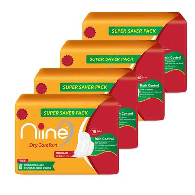 Niine Dry Comfort Sanitary Pads with Biodegradable Disposable Bags - Regular (Pack of 4 x 18's) - Sanitary Napkins