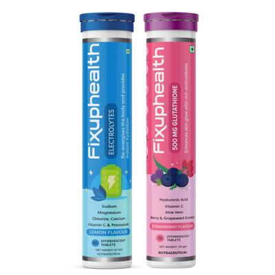 FixUpHealth Electrolytes Effervescent Tablet - Lemon Flavour & FixUpHealth Glutathione Effervescent Tablet - Strawberry Flavour 15s 1's - General Health
