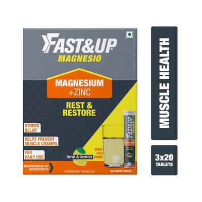 Fast&Up Magnesio Magnesium & Zinc Effervescent Tablets - Lime & Lemon Flavour (Pack of 3 x 20's) - Calcium And Minerals
