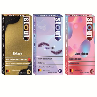 Stout Multitextured Extacy Condoms - Strawberry 10's + Stout Ultra Thin BareFeel Condoms 10's + Stout Ultra Ribbed Condoms - Bubblegum 10's (Combo Pack) 1's - Plain/Flavoured Condoms