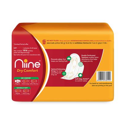 Niine Dry Comfort Sanitary Pads with Biodegradable Disposable Bags - Regular (Pack of 4 x 18's) - Sanitary Napkins