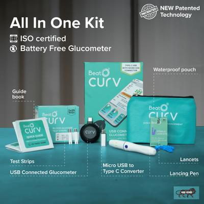 BeatO Curv Glucometer Kit (USB Connected Glucometer 1's + Blood Glucose Test Strips 50's) - Blood Glucose Monitors/Test Strips