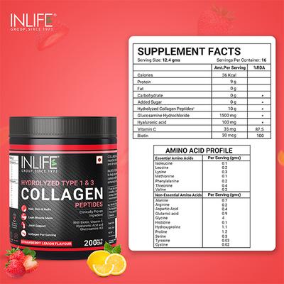 INLIFE Hydrolyzed Type 1 & 3 Collagen Peptides Powder - Strawberry Lemon Flavour 200 gm - Hair & Skin