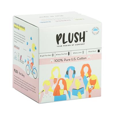 Plush 100% Pure US Cotton Pack (8 Light Flow Pads + 6 Heavy Flow Pads + 2 Panty liner + 1 Plush Pouch) - Panty Liners
