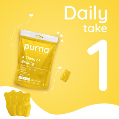 Purna Gummies Vitamin C Lemon and Zinc for Adults and Kids, Immunity Boost, Skincare 30's - Vitamin C