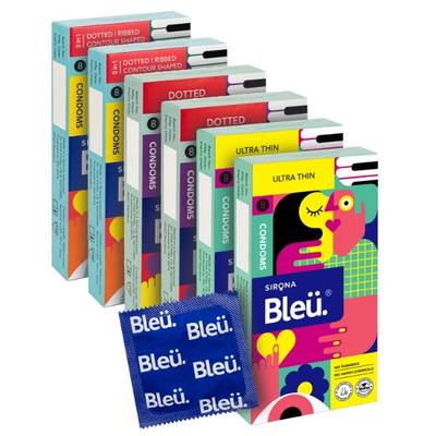 Bleu Condoms Combo Pack - Ultra Thin + Dotted + 3 in 1 Dotted Ripped and Contour Shaped (Pack of 2 x 8's Each) - Plain/Flavoured Condoms