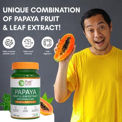 Pure Nutrition Papaya Fruit & Leaf Extract with Vitamin & Iron 600 mg Veg Tablet 60's - Calcium And Minerals