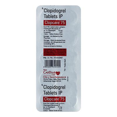 CLOPCARE 75 Tablet 10's - Blood Clot-Ant