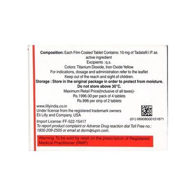 Cialis 10mg Tablet 4'S - Impotence/Erectile Dysfunction (Ed)