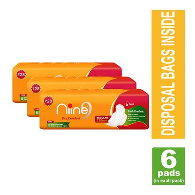 Niine Sanitary Pads Regular (Pack of 3 x 6's) - Sanitary Napkins