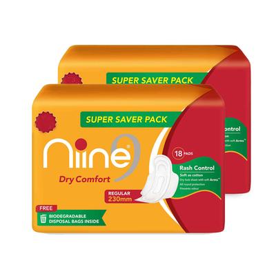Niine Dry Comfort Sanitary Pads with Biodegradable Disposable Bags - Regular (Pack of 2 x 18's) - Sanitary Napkins