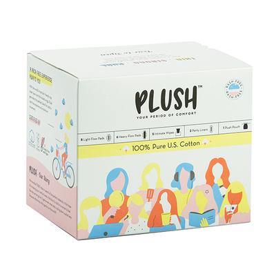 Plush 100% Pure US Cotton Pack (8 Light Flow Pads + 6 Heavy Flow Pads + 2 Panty liner + 1 Plush Pouch) & Hygeine Wipes - Panty Liners