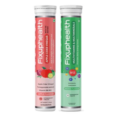 FixUpHealth Apple Cider Vinegar Effervescent Tablet - Apple Flavour 15s & FixUpHealth Multivitamins and Multiminerals Effervescent Tablet - Orange Flavour 20s 1's - Apple Cider Vinegars