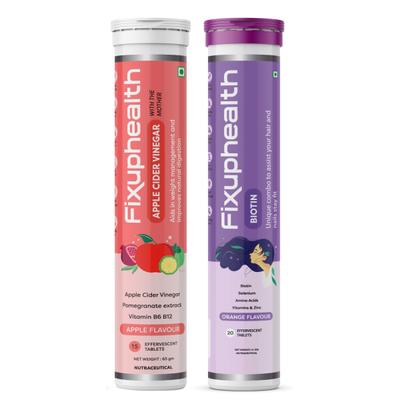 FixUpHealth Apple Cider Vinegar Effervescent Tablet - Apple Flavour 15s & FixUpHealth Biotin Effervescent Tablet - Orange Flavour 20s 1's - Apple Cider Vinegars