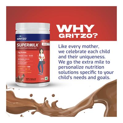 Gritzo SuperMilk Nutrition Drink Powder for Girls (13+ yrs) - Double Chocolate 400 gm - Nutritional Supplement