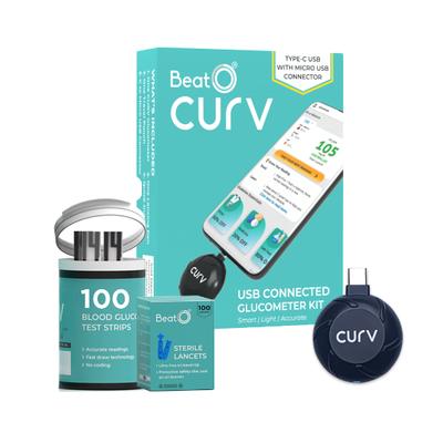 BeatO Curv Glucometer Kit (USB Connected Glucometer 1's + Blood Glucose Test Strips 100's) - Blood Glucose Monitors/Test Strips