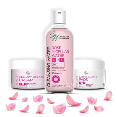 CGG Cosmetics Rose Water Kit (24H Moisture Lock Cream 150 gm + Cleansing Micellar Water 300 ml + Daily Cleansing Face Pads 50's) - Face Wash & Cleansers