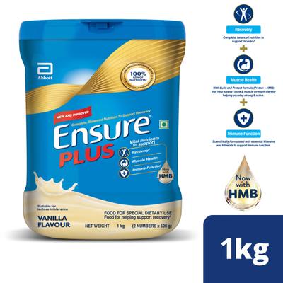 Ensure Plus Dual Protein System Nutritional Powder - Vanilla Flavour 1 Kg (Pet Jar) - Protein Supplements