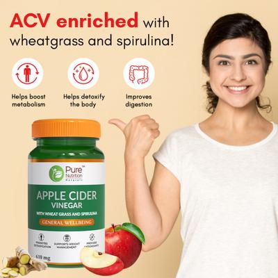 Pure Nutrition Apple Cider Vinegar with Wheat Grass & Spirulina 610 mg Veg Capsule 60's - Apple Cider Vinegar - Acv