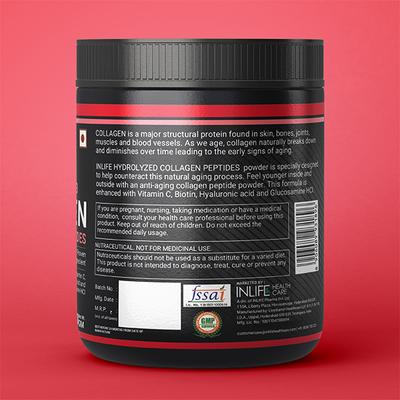 INLIFE Hydrolyzed Type 1 & 3 Collagen Peptides Powder - Strawberry Lemon Flavour 200 gm - Hair & Skin