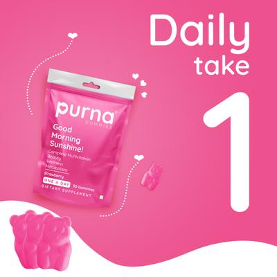 Purna Gummies Immunity Multivitamin Strawberry Gummies for Adults, Vitamins A, C, D, E, B12 30's - Women Health