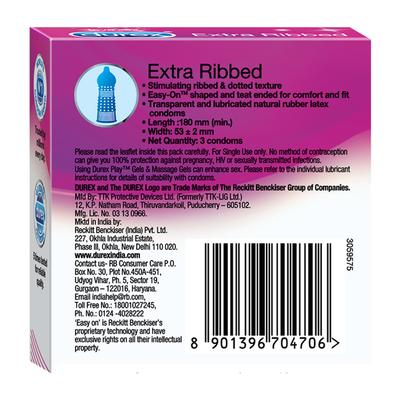 Durex Condoms - Extra Ribbed 3's - Plain/Flavoured Condoms