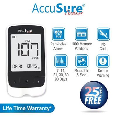 AccuSure Sensor Gluco Meter with 25 Strips - Blood Glucose Monitors/Test Strips