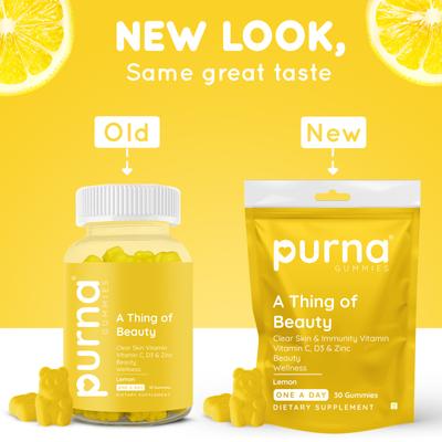 Purna Gummies Vitamin C Lemon and Zinc for Adults and Kids, Immunity Boost, Skincare 30's - Vitamin C