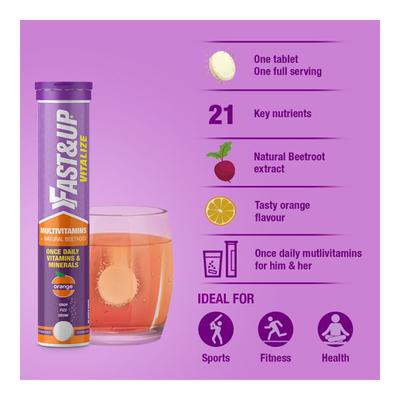 Fast&Up Vitalize Multivitamin Beetroot Effervescent Tablet - Orange Flavour (Pack of 3 x 20's) - Multi-Vitamins