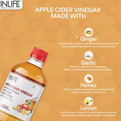 INLIFE Apple Cider Vinegar with Garlic Ginger Lemon Honey & Mother of Vinegar 500 ml - Apple Cider Vinegar - Acv