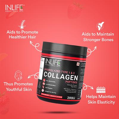 INLIFE Hydrolyzed Type 1 & 3 Collagen Peptides Powder - Strawberry Lemon Flavour 200 gm - Hair & Skin