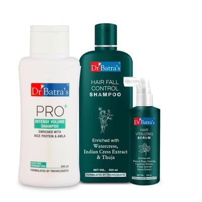 Dr Batra's PRO+ Intense Volume Shampoo 500 ml + Hair Fall Control Shampoo 500 ml + Hair Vitalizing Serum 125 ml - Hair Treatment