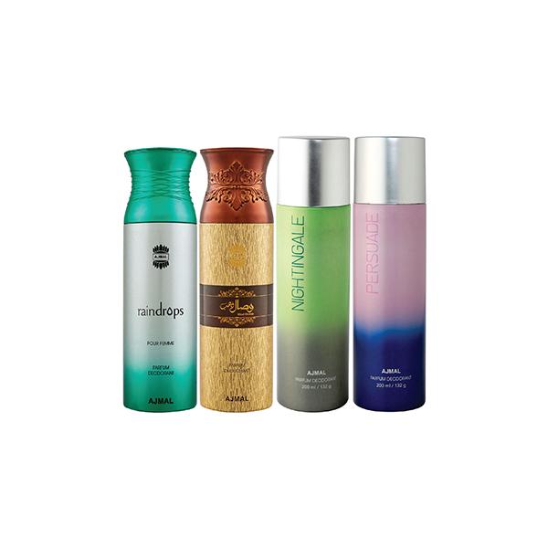 Netmeds | Ajmal 1 Raindrops Femme, 1 Wisal Dhahab, 1 Nightingale And 1 Persuade Deodorants Pack of 4 200 ml
