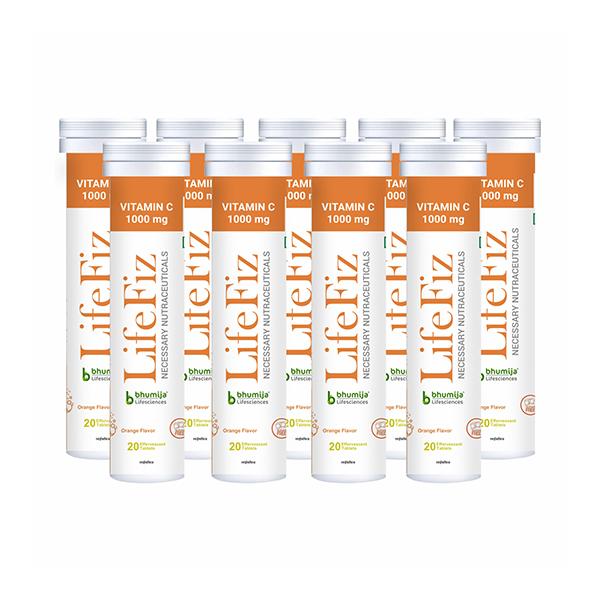 Netmeds | Bhumija Lifesciences LifeFiz Vitamin C 1000 mg Veg Effervescent Tablet - Orange Flavour (Pack of 9 x 20's)