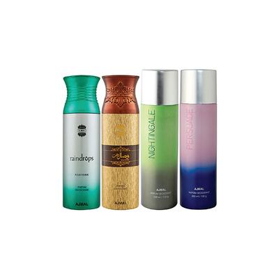 Ajmal 1 Raindrops Femme, 1 Wisal Dhahab, 1 Nightingale And 1 Persuade Deodorants Pack of 4 200 ml - Shower Gels & Body Wash
