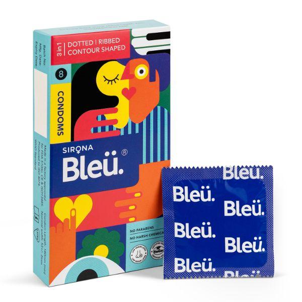 Netmeds | Bleu 3 in 1 High Grade Natural Latex Dotted Ribbed and Contour Shaped Condoms 8's