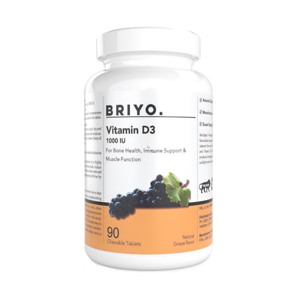Netmeds | Briyo Vitamin D3 2000 IU Chewable tablets - Natural Grape Flavor 90's