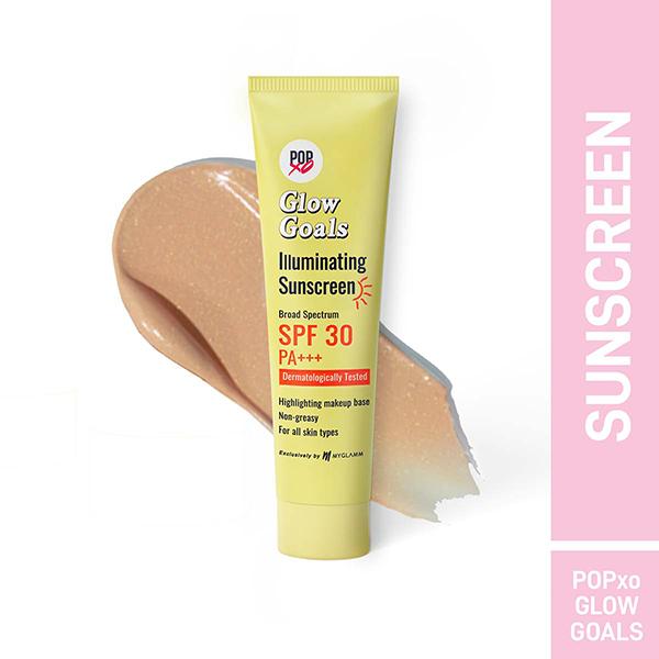 Netmeds | Myglamm Popxo Glow Goals Illuminating Sunscreen Broad Spectrum SPF 30 PA++,Dermatologically Tested 30gm