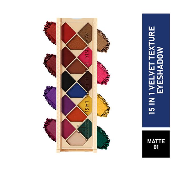 Netmeds | Half N Half 15 In 1 Velvet Texture Eyeshadow, Highly Pigmented, Easy To Blend, Long Lasting Versatile Look Multicolor Matte Palette-01 12 gm
