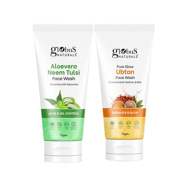 Netmeds | Globus Naturals Face Care Combo -Aloe Vera Neem Tulsi, Radiance & Glow Ubtan Face Wash, 75gm each 2's