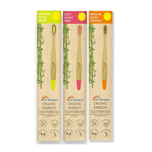 Netmeds | Dr.Morepen Organic Bamboo Adult Toothbrush Combo Pack (Medium - Neon 1's, Orange 1's + Soft - Pink 1's)